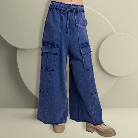 EASEL “Feeling Good Cargos” Mineral Washed Flared Leg, Raw Seams & Hems, Pockets - Picture 9 of 16